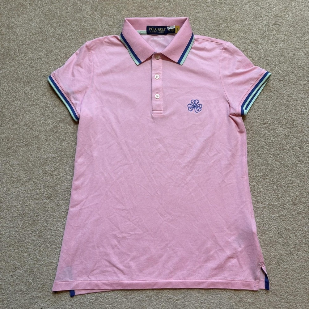Polo Golf Ralph Lauren Polo Shirt Womens XS Pink Clover Logo Trim Collar